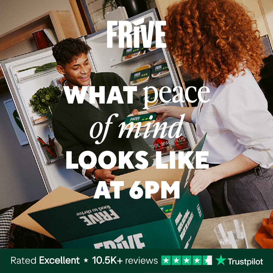 Frive static: a couple unpacking a Frive delivery in front of an open fridge, headline What peace of mind looks like at 6pm, Trustpilot rating strip