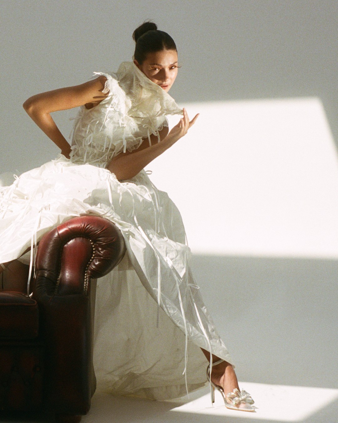 Model perched on a chesterfield in a pool of sunlight