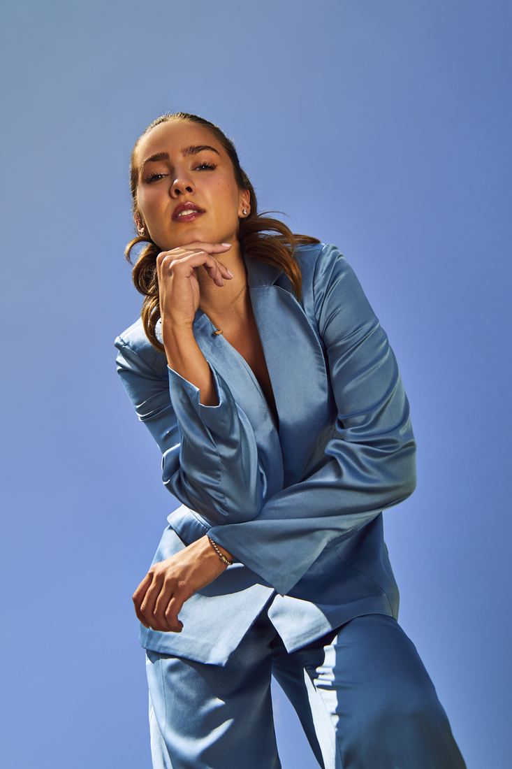 Blue satin suit