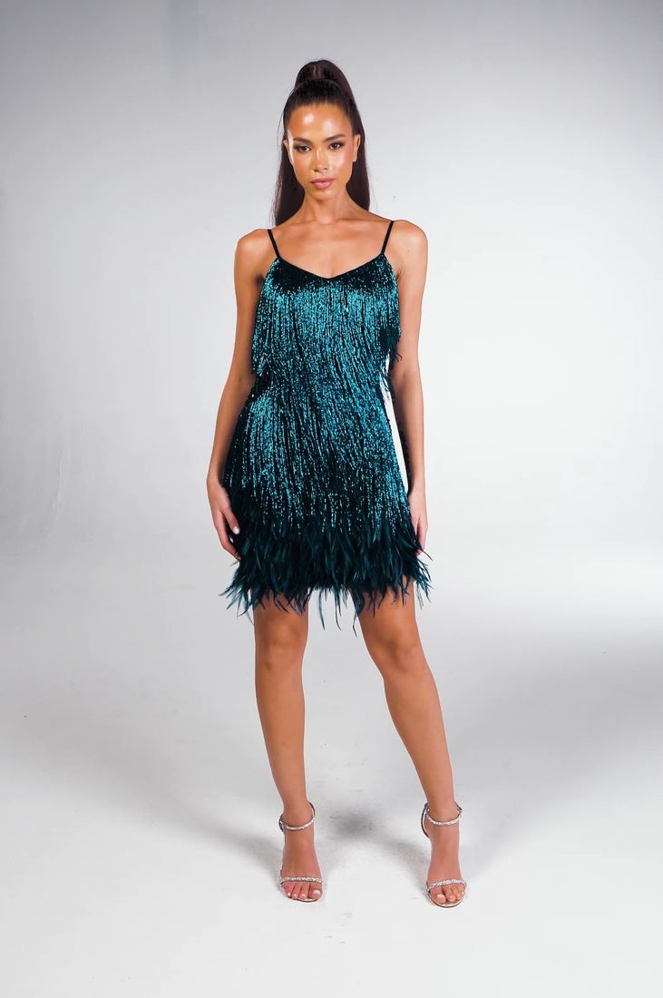 Teal feather mini dress